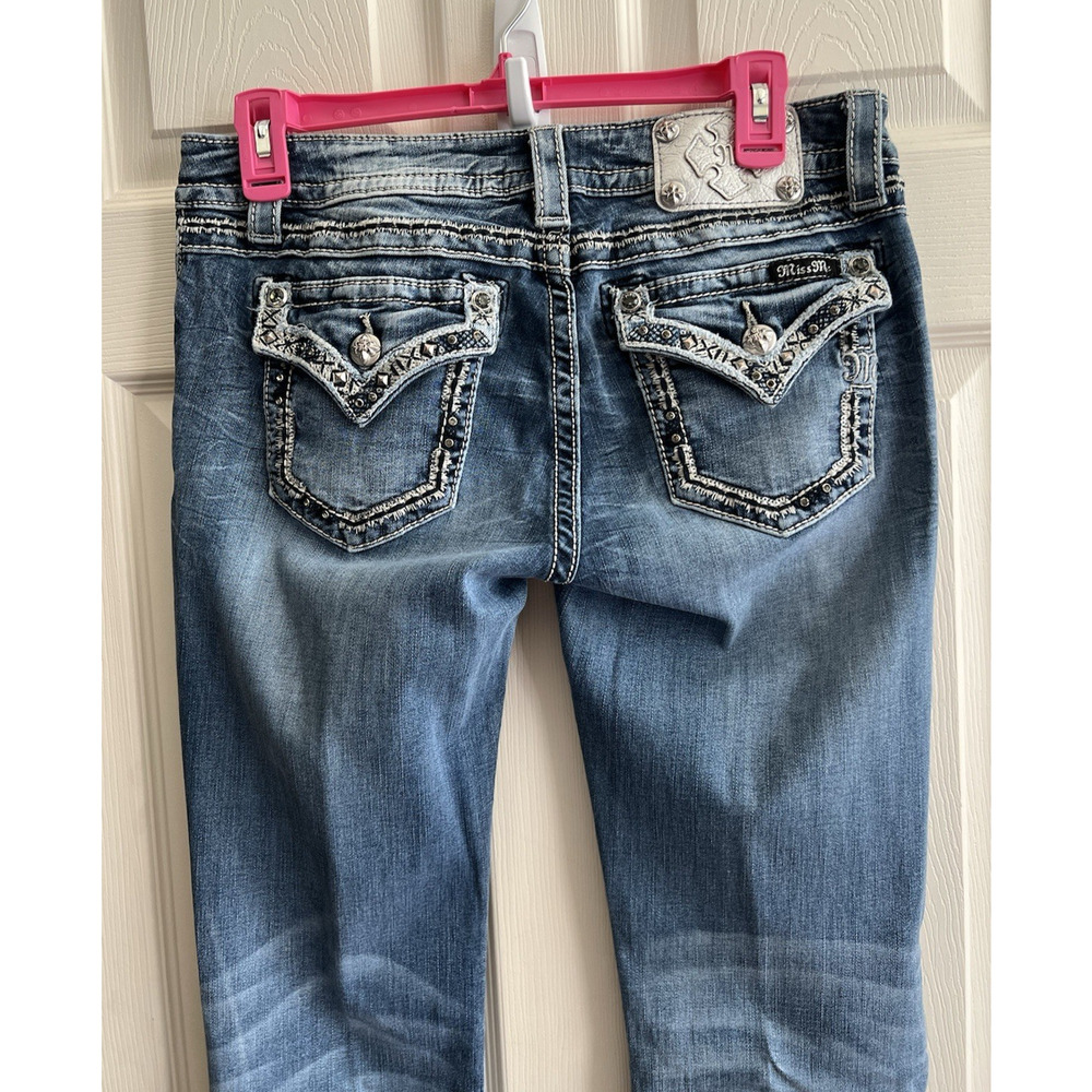 MISS ME Medium Wash Flap Pocket Embroidered Low Rise Signature Boot Jeans Sz 30